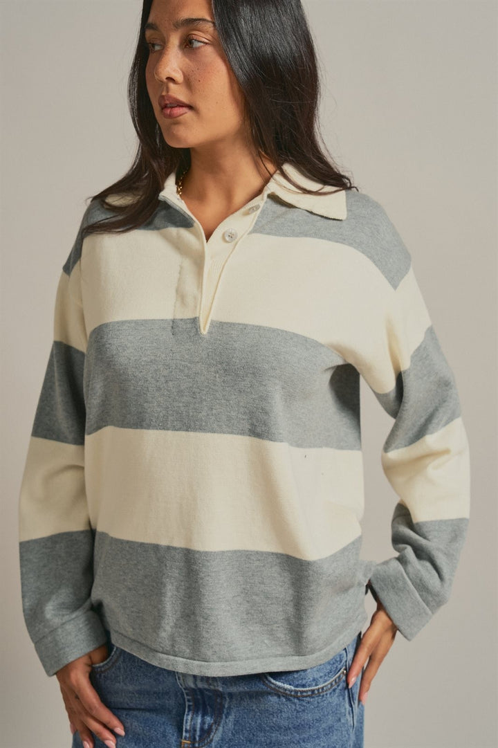 Striped Knit Rugby Polo Sweater  in Ivory Grey - Women's Wholesale Fashion | Trend Notes