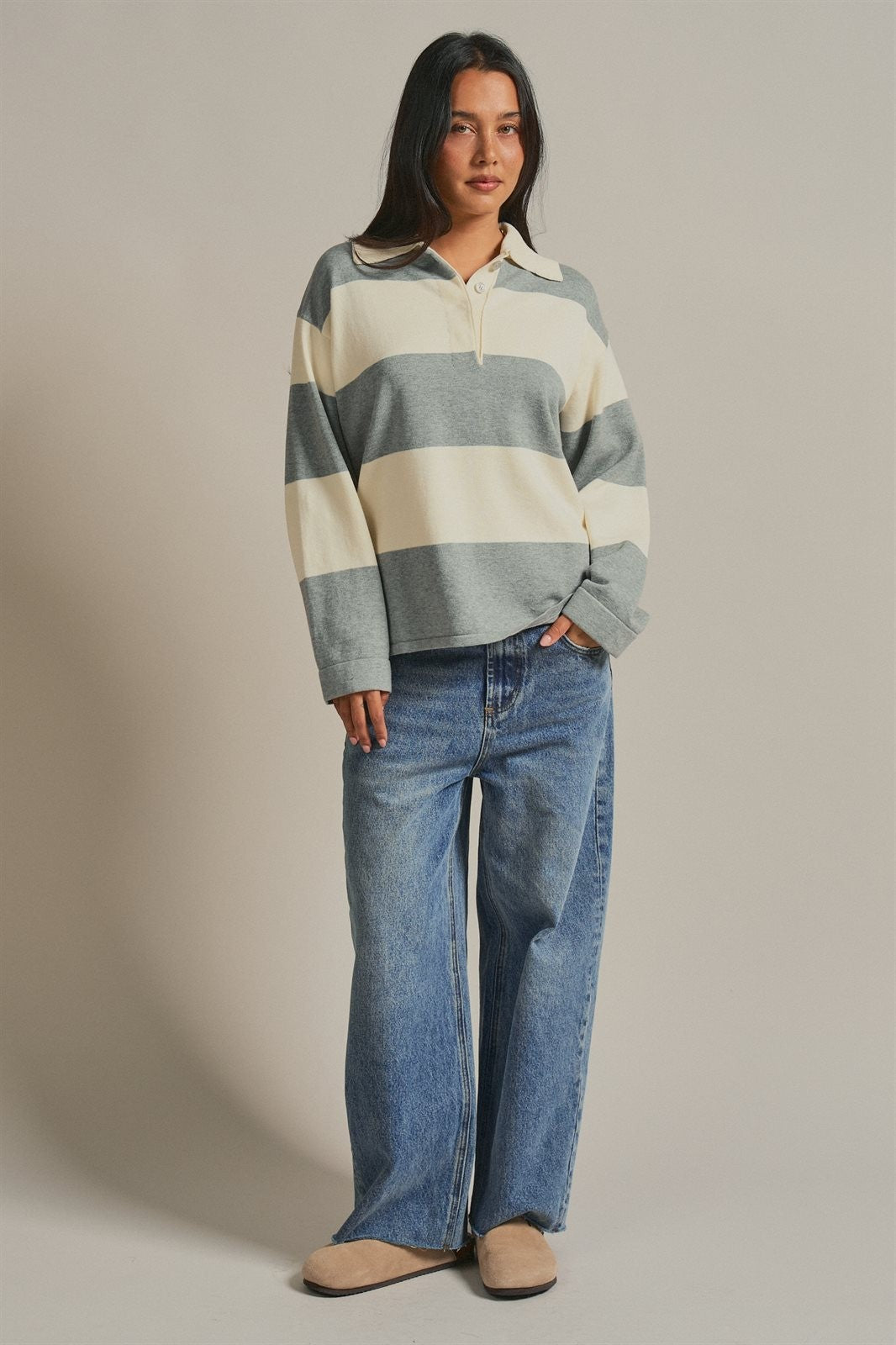 Striped Knit Rugby Polo Sweater  in Ivory Grey - Women's Wholesale Fashion | Trend Notes