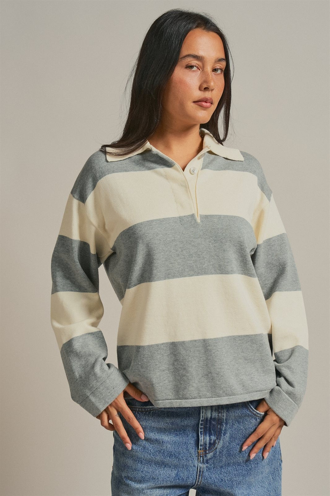 Striped Knit Rugby Polo Sweater  in Ivory Grey - Women's Wholesale Fashion | Trend Notes