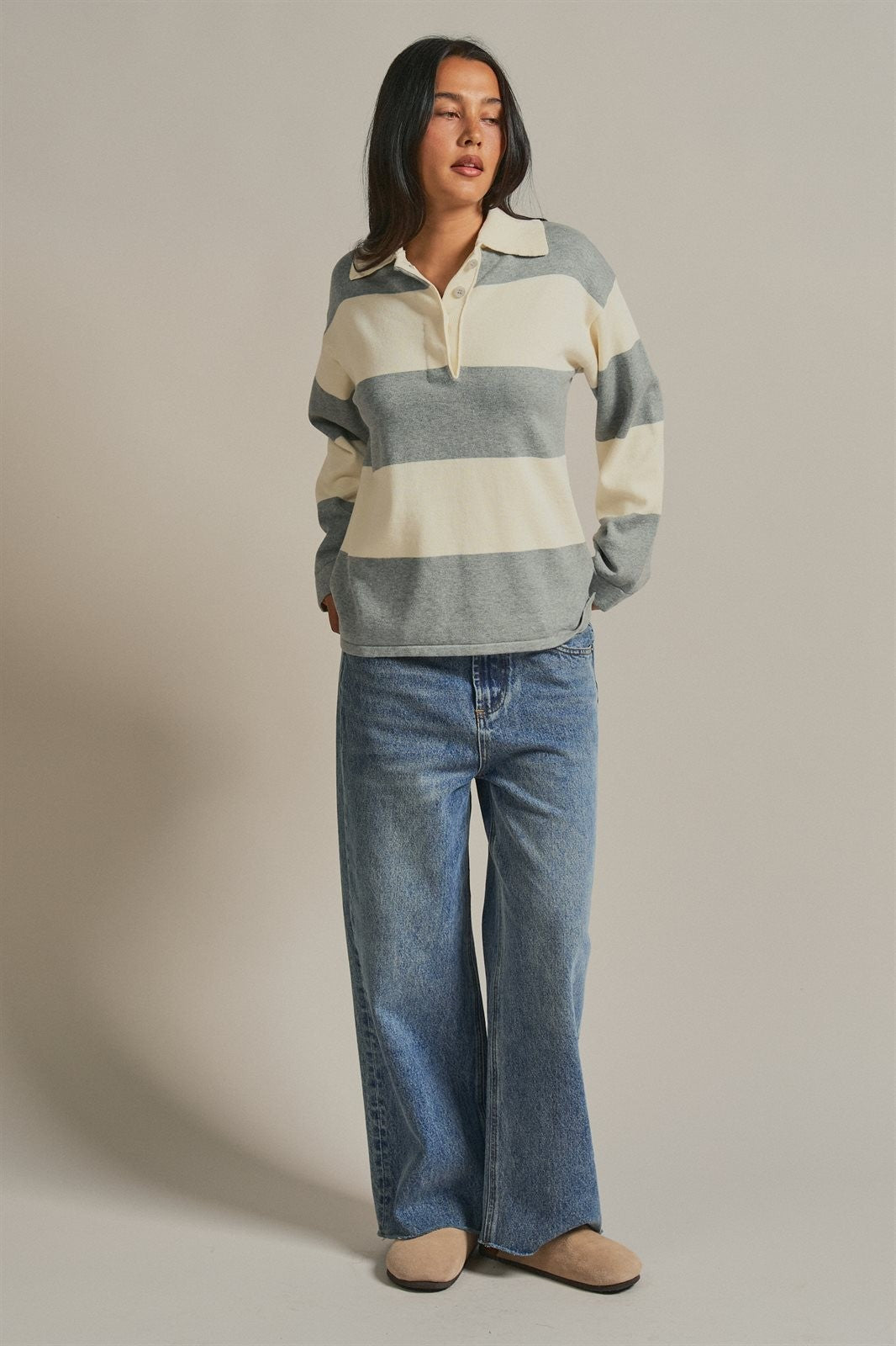 Striped Knit Rugby Polo Sweater  in Ivory Grey - Women's Wholesale Fashion | Trend Notes
