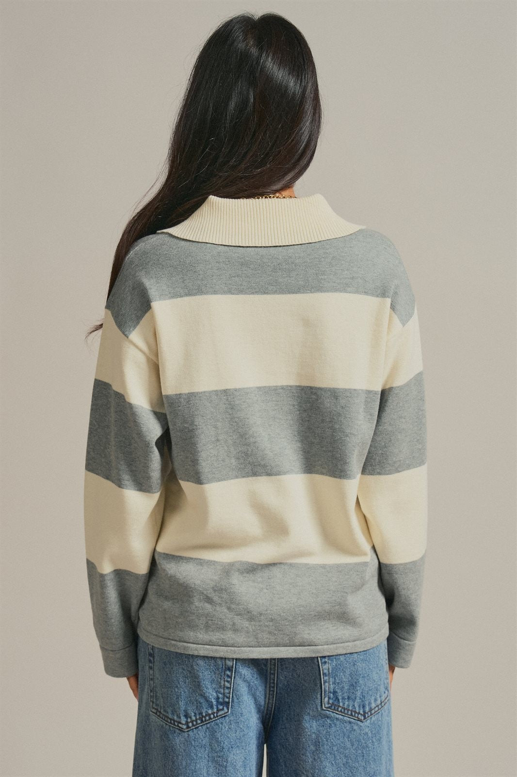 Striped Knit Rugby Polo Sweater  in Ivory Grey - Women's Wholesale Fashion | Trend Notes