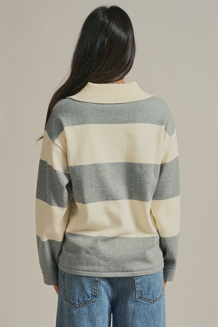 Striped Knit Rugby Polo Sweater  in Ivory Grey - Women's Wholesale Fashion | Trend Notes