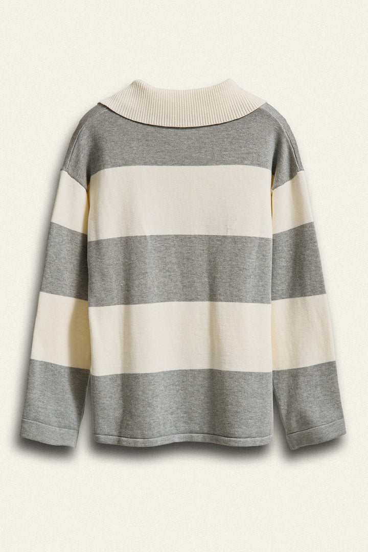 Striped Knit Rugby Polo Sweater  in Ivory Grey - Women's Wholesale Fashion | Trend Notes