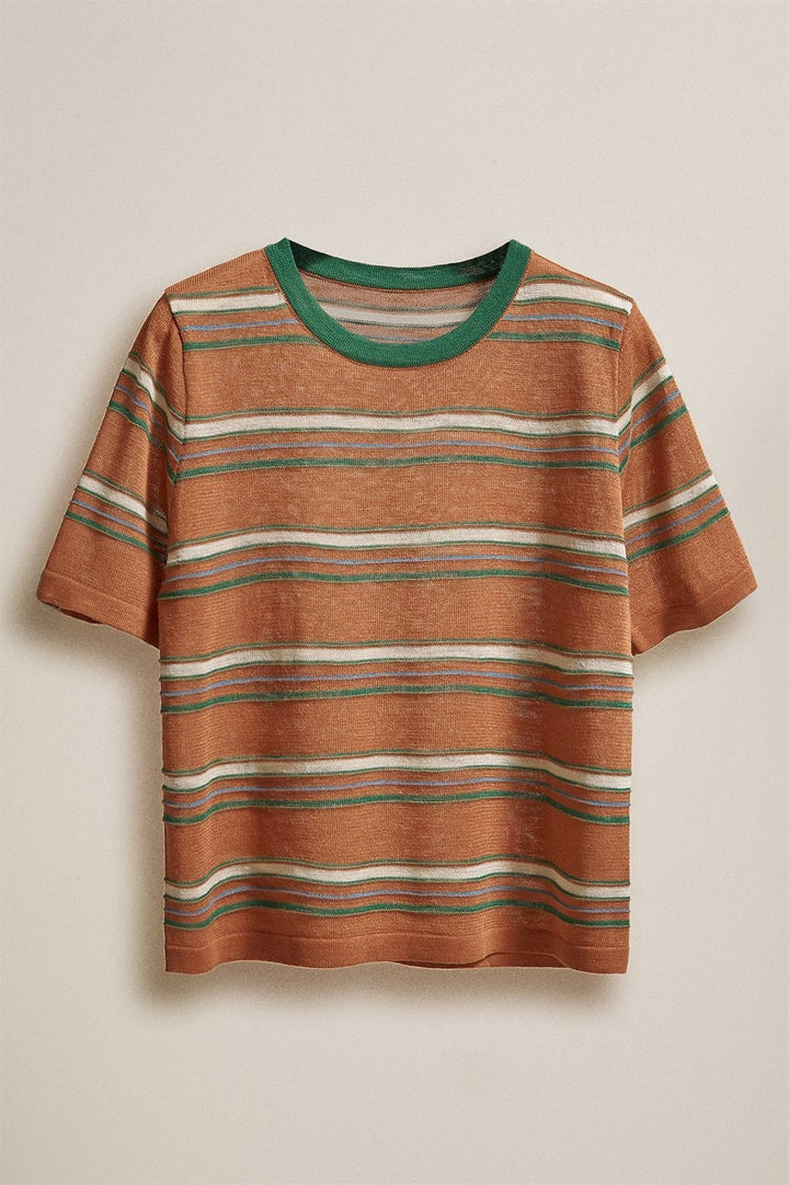 Striped Knit Tee Vintage 70s Retro Boho Coastal Top  in Rust - Women's Wholesale Fashion | Trend Notes