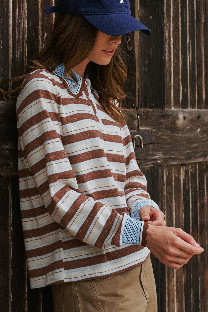 Striped Long Sleeve Polo with Knit Band Collar in Ivory Brown - Women's Wholesale T-Shirts & Polos | Trend Notes