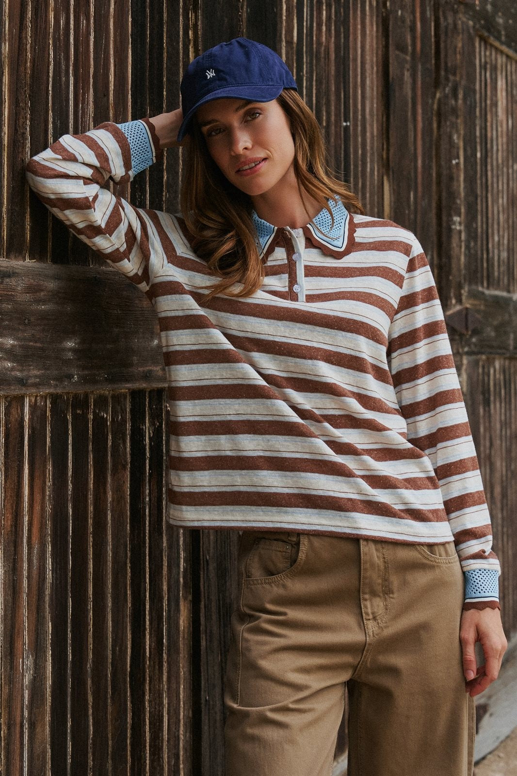 Striped Long Sleeve Polo with Knit Band Collar in Ivory Brown - Women's Wholesale T-Shirts & Polos | Trend Notes