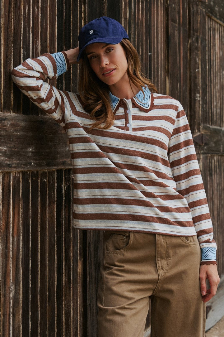 Striped Long Sleeve Polo with Knit Band Collar in Ivory Brown - Women's Wholesale T-Shirts & Polos | Trend Notes