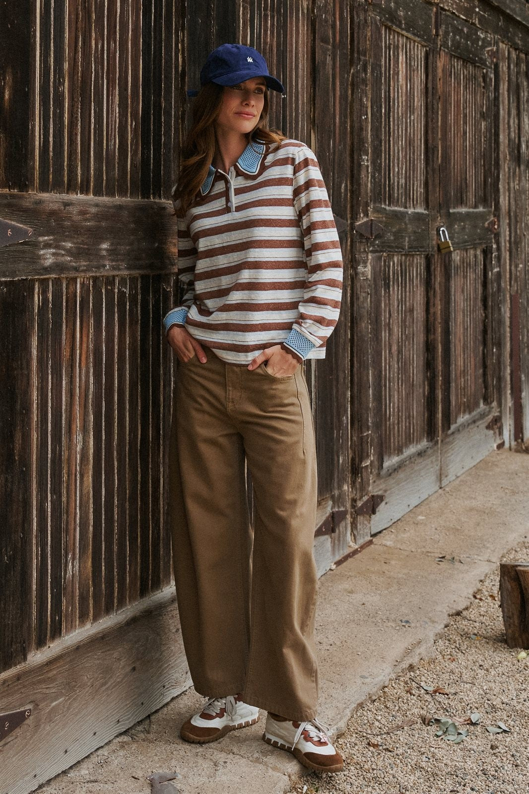 Striped Long Sleeve Polo with Knit Band Collar in Ivory Brown - Women's Wholesale T-Shirts & Polos | Trend Notes