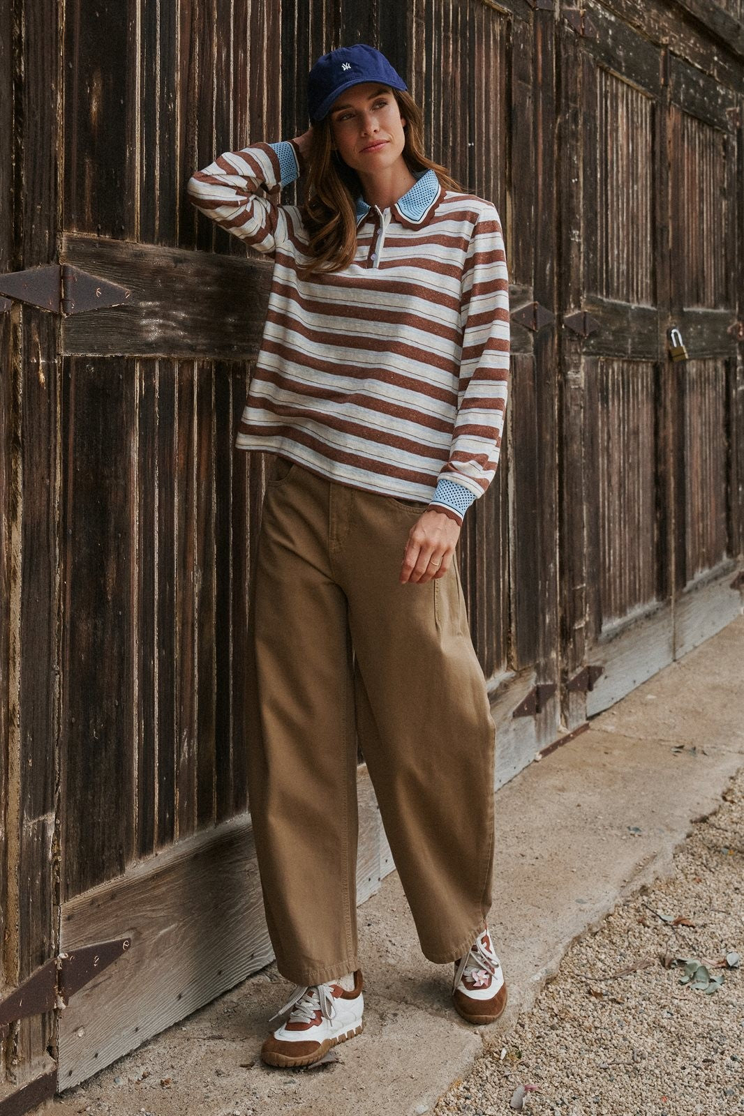 Striped Long Sleeve Polo with Knit Band Collar in Ivory Brown - Women's Wholesale T-Shirts & Polos | Trend Notes