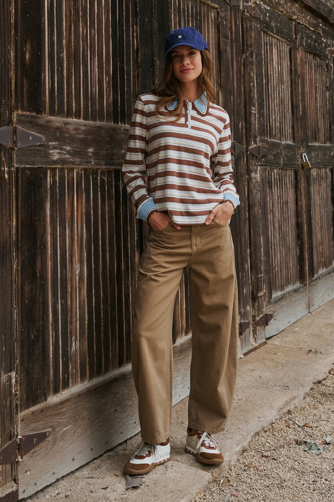 Striped Long Sleeve Polo with Knit Band Collar in Ivory Brown - Women's Wholesale T-Shirts & Polos | Trend Notes