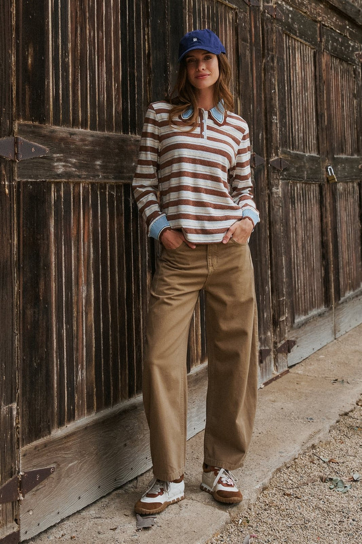 Striped Long Sleeve Polo with Knit Band Collar in Ivory Brown - Women's Wholesale T-Shirts & Polos | Trend Notes