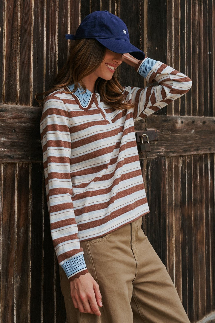 Striped Long Sleeve Polo with Knit Band Collar in Ivory Brown - Women's Wholesale T-Shirts & Polos | Trend Notes