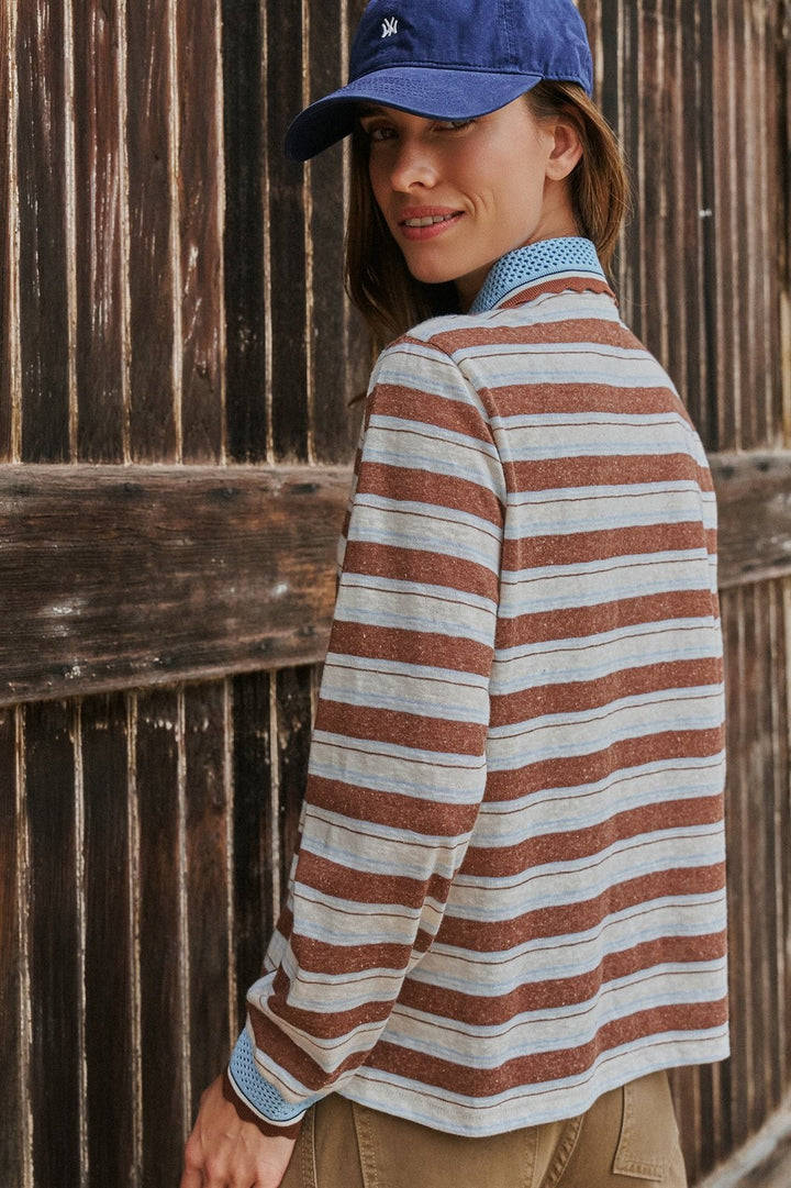 Striped Long Sleeve Polo with Knit Band Collar in Ivory Brown - Women's Wholesale T-Shirts & Polos | Trend Notes