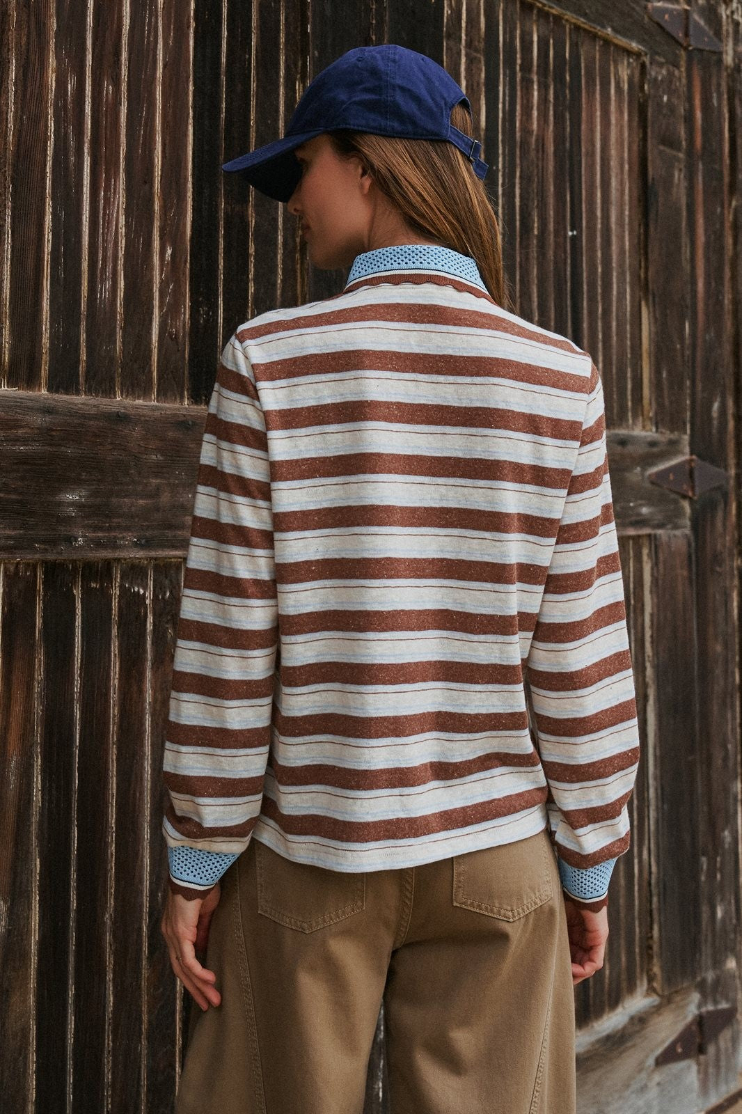 Striped Long Sleeve Polo with Knit Band Collar in Ivory Brown - Women's Wholesale T-Shirts & Polos | Trend Notes