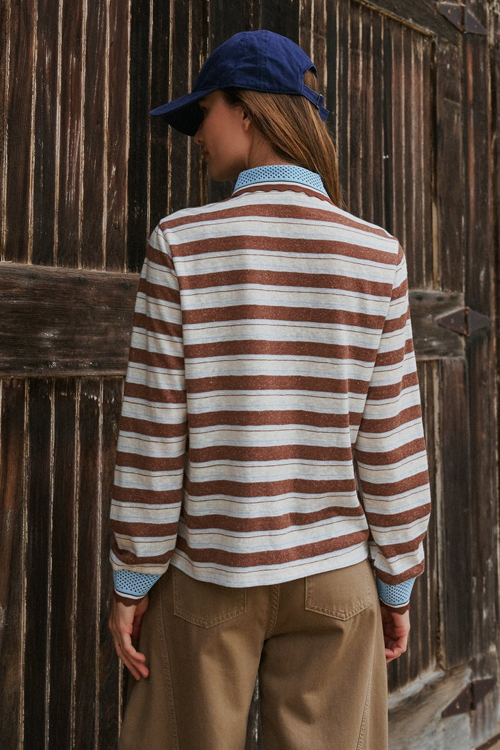 Striped Long Sleeve Polo with Knit Band Collar in Ivory Brown - Women's Wholesale T-Shirts & Polos | Trend Notes