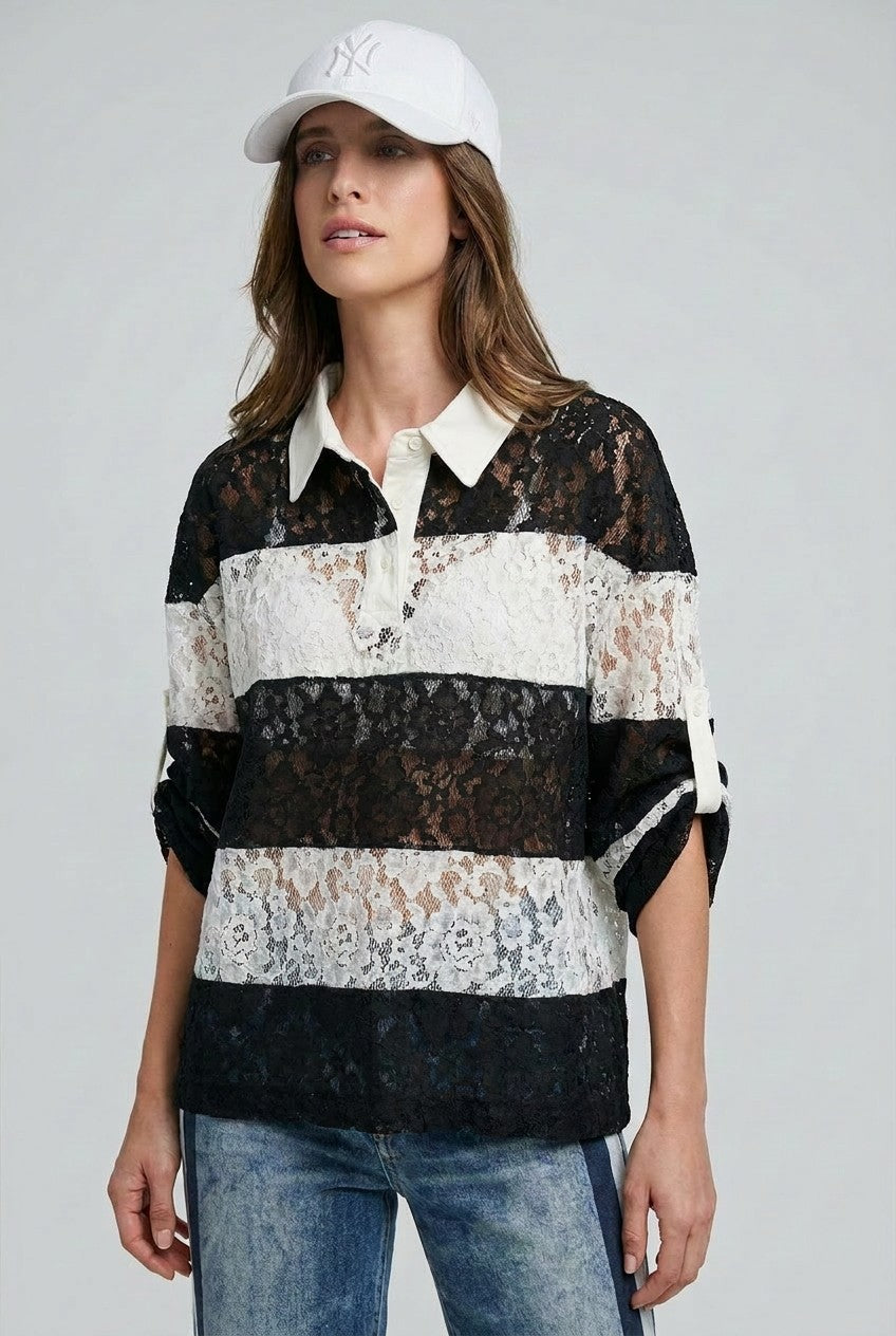 Floral Lace Rugby Polo Shirt in Ivory Black - Women's Wholesale T-Shirts & Polos | Trend Notes