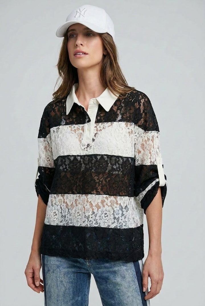Floral Lace Rugby Polo Shirt in Ivory Black - Women's Wholesale T-Shirts & Polos | Trend Notes