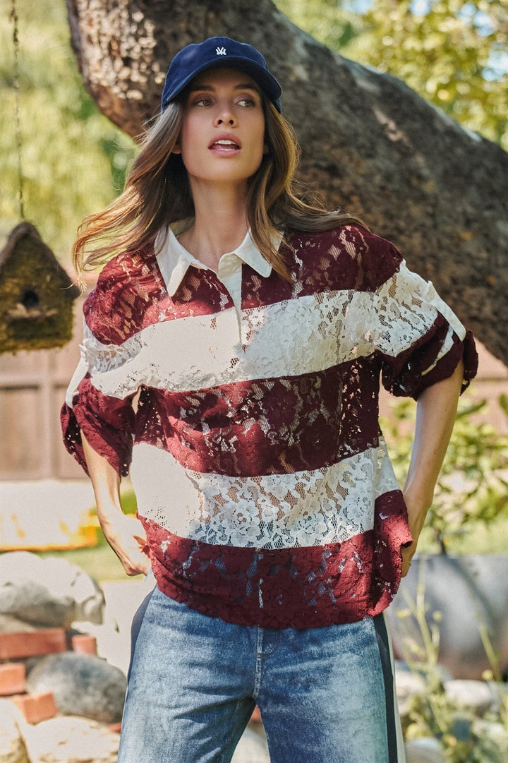 Floral Lace Rugby Polo Shirt in Ivory Burgundy - Women's Wholesale T-Shirts & Polos | Trend Notes