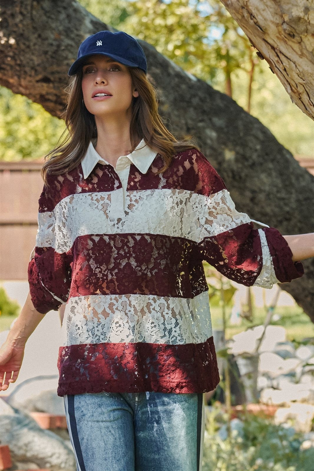 Floral Lace Rugby Polo Shirt in Ivory Burgundy - Women's Wholesale T-Shirts & Polos | Trend Notes