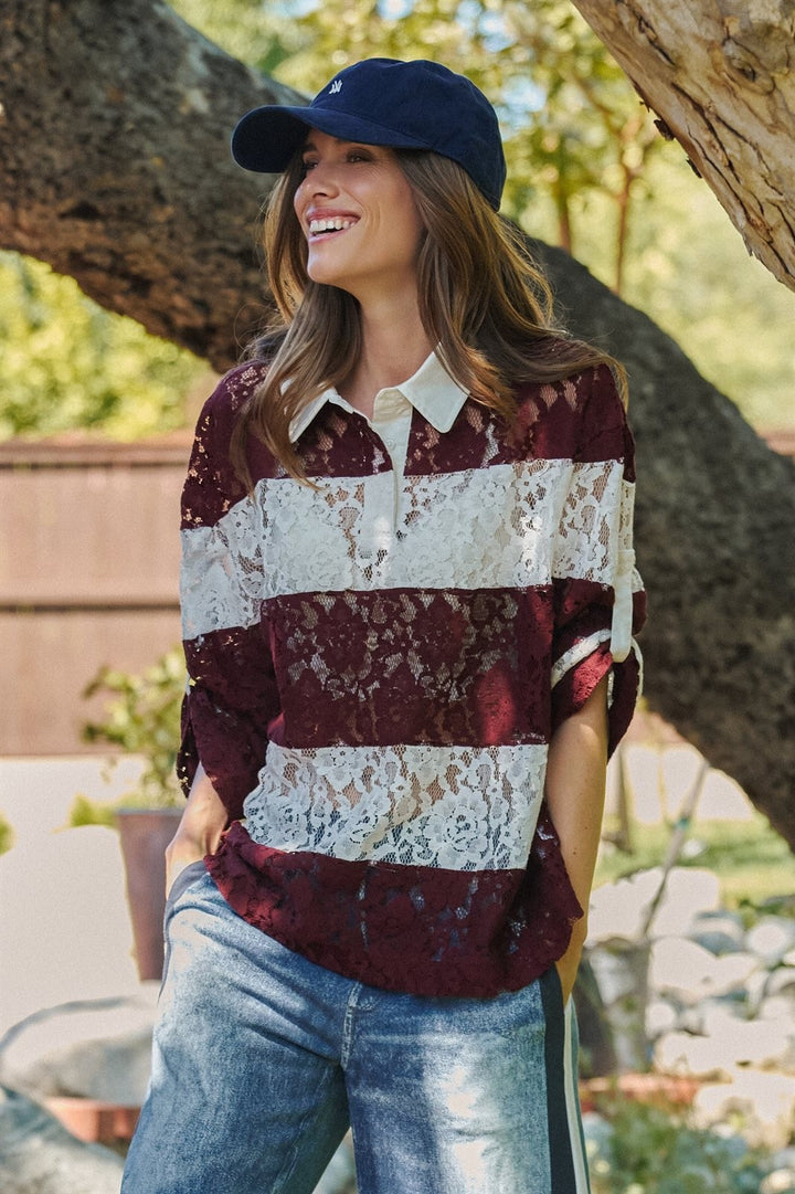 Floral Lace Rugby Polo Shirt in Ivory Burgundy - Women's Wholesale T-Shirts & Polos | Trend Notes