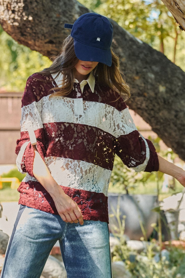 Floral Lace Rugby Polo Shirt in Ivory Burgundy - Women's Wholesale T-Shirts & Polos | Trend Notes