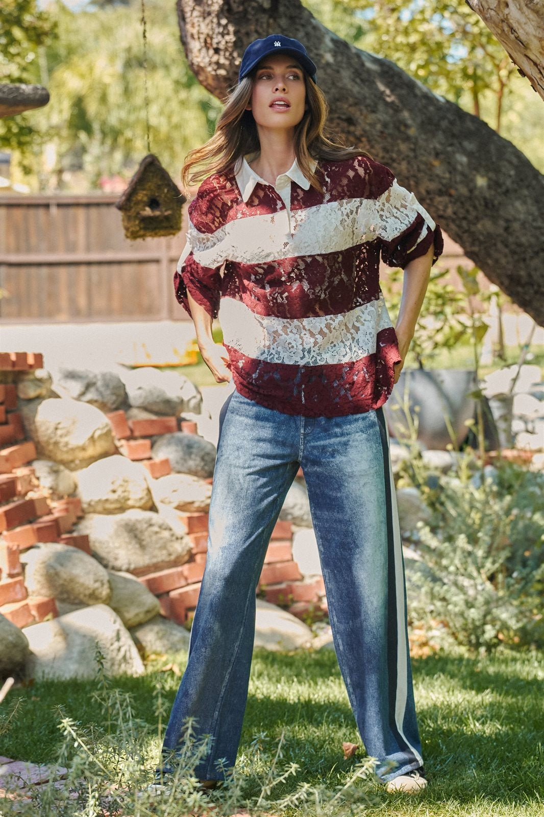 Floral Lace Rugby Polo Shirt in Ivory Burgundy - Women's Wholesale T-Shirts & Polos | Trend Notes