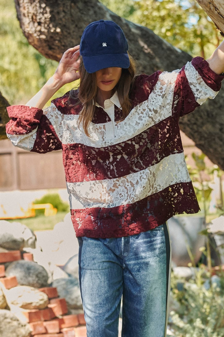 Floral Lace Rugby Polo Shirt in Ivory Burgundy - Women's Wholesale T-Shirts & Polos | Trend Notes