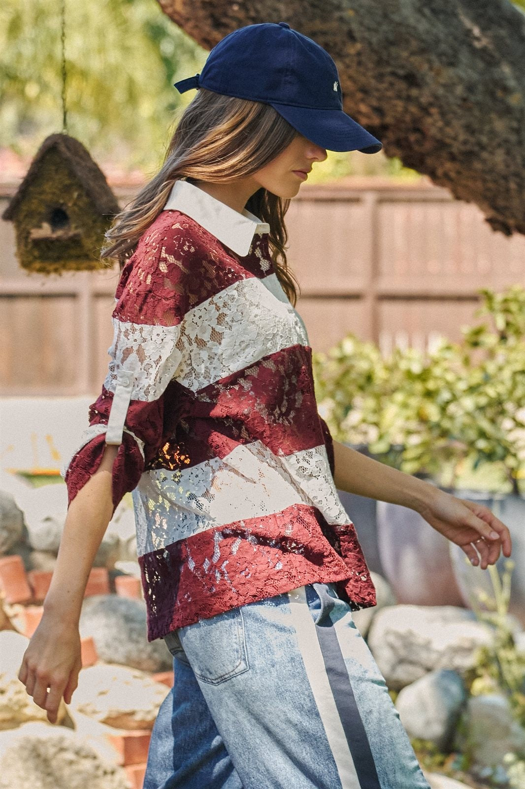 Floral Lace Rugby Polo Shirt in Ivory Burgundy - Women's Wholesale T-Shirts & Polos | Trend Notes
