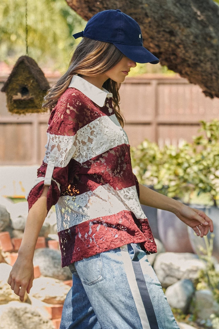 Floral Lace Rugby Polo Shirt in Ivory Burgundy - Women's Wholesale T-Shirts & Polos | Trend Notes