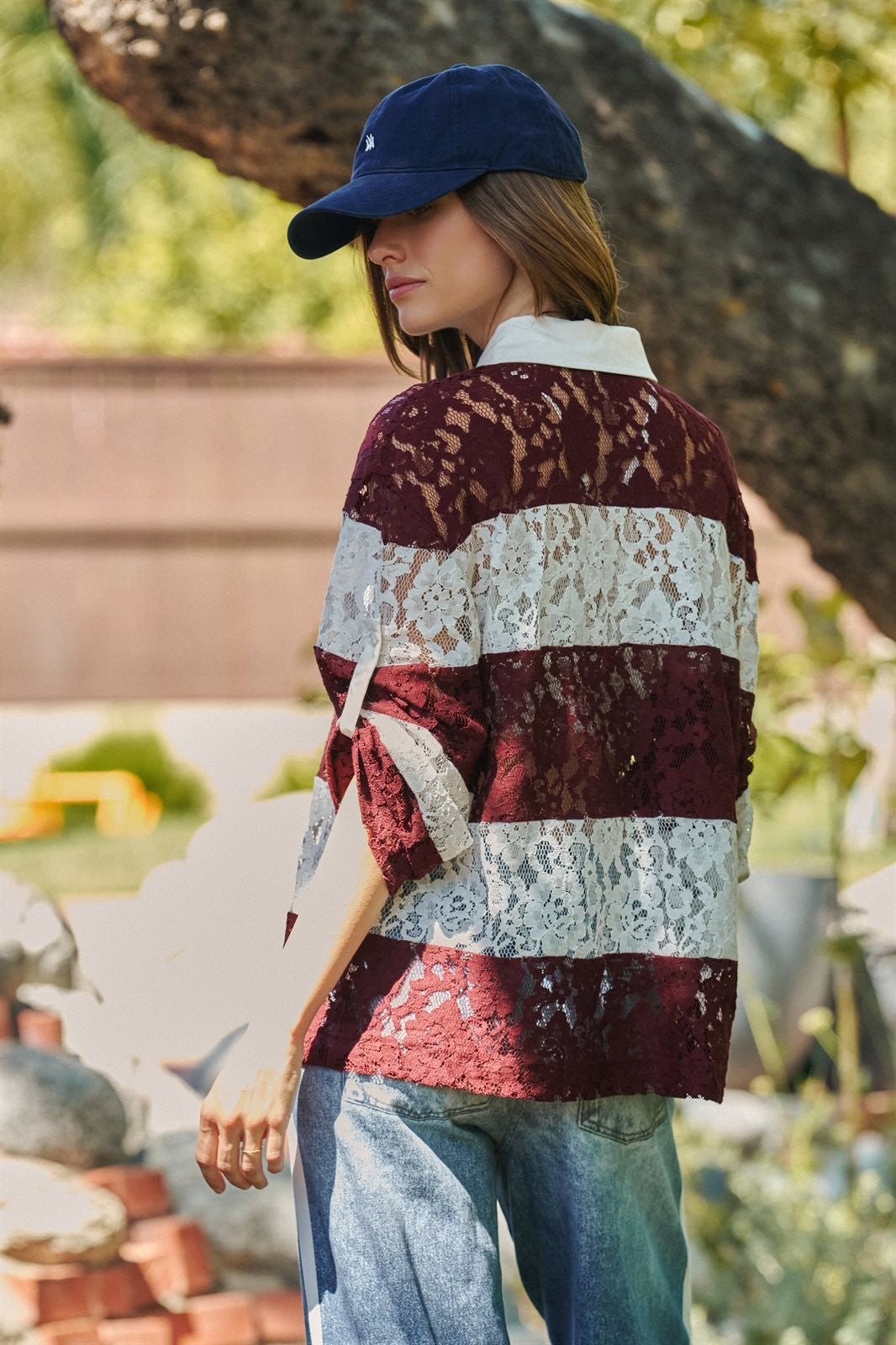 Floral Lace Rugby Polo Shirt in Ivory Burgundy - Women's Wholesale T-Shirts & Polos | Trend Notes