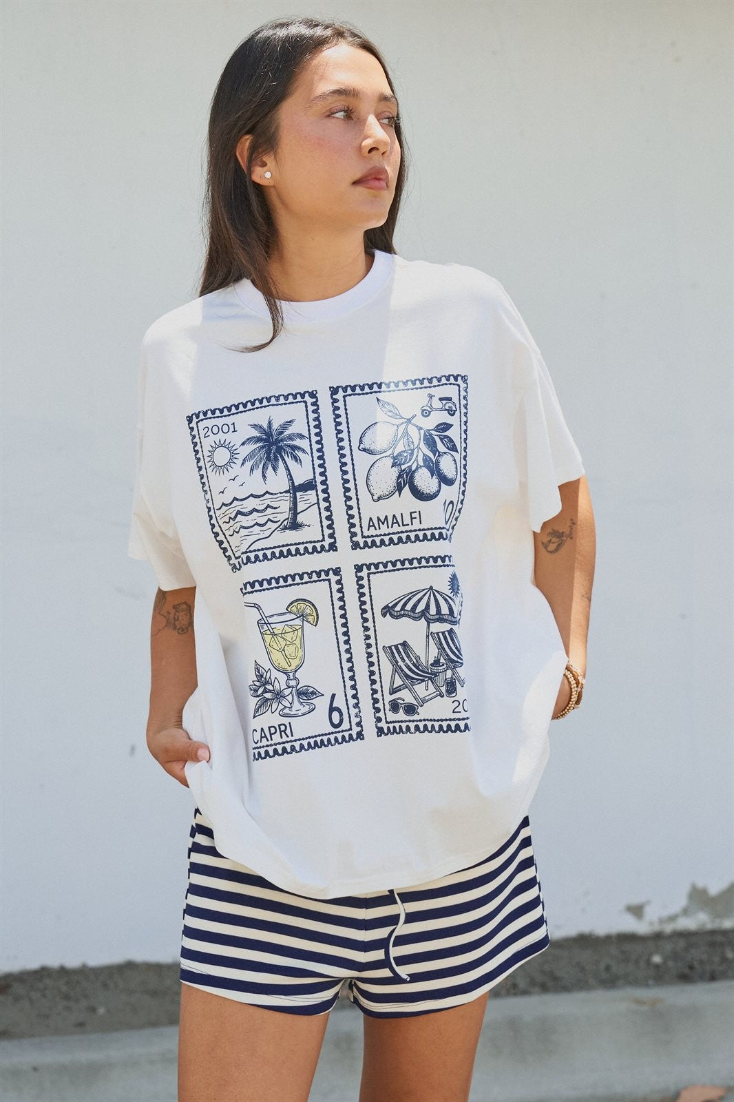 Amalfi Capri Postage Stamp Graphic Tee in Italian Summer in White - Women's Wholesale Fashion | Trend Notes
