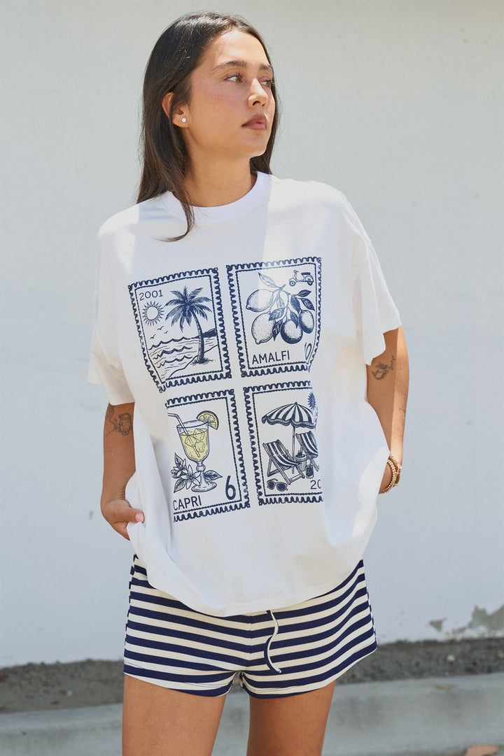 Amalfi Capri Postage Stamp Graphic Tee in Italian Summer in White - Women's Wholesale Fashion | Trend Notes