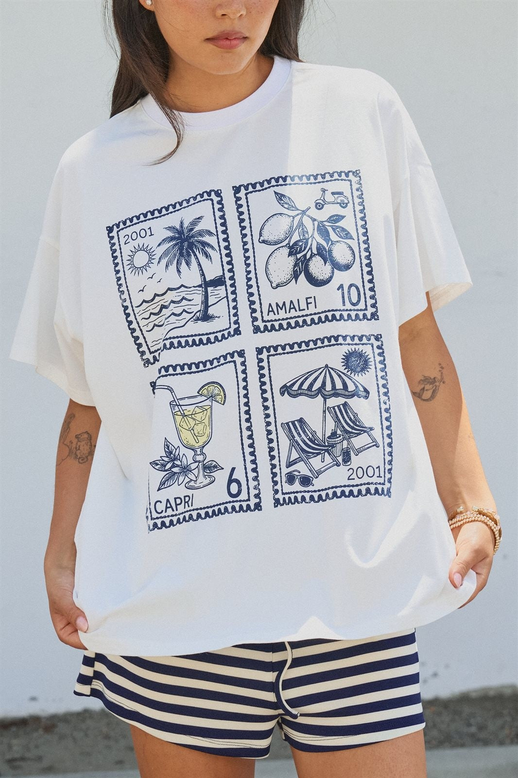 Amalfi Capri Postage Stamp Graphic Tee in Italian Summer in White - Women's Wholesale Fashion | Trend Notes