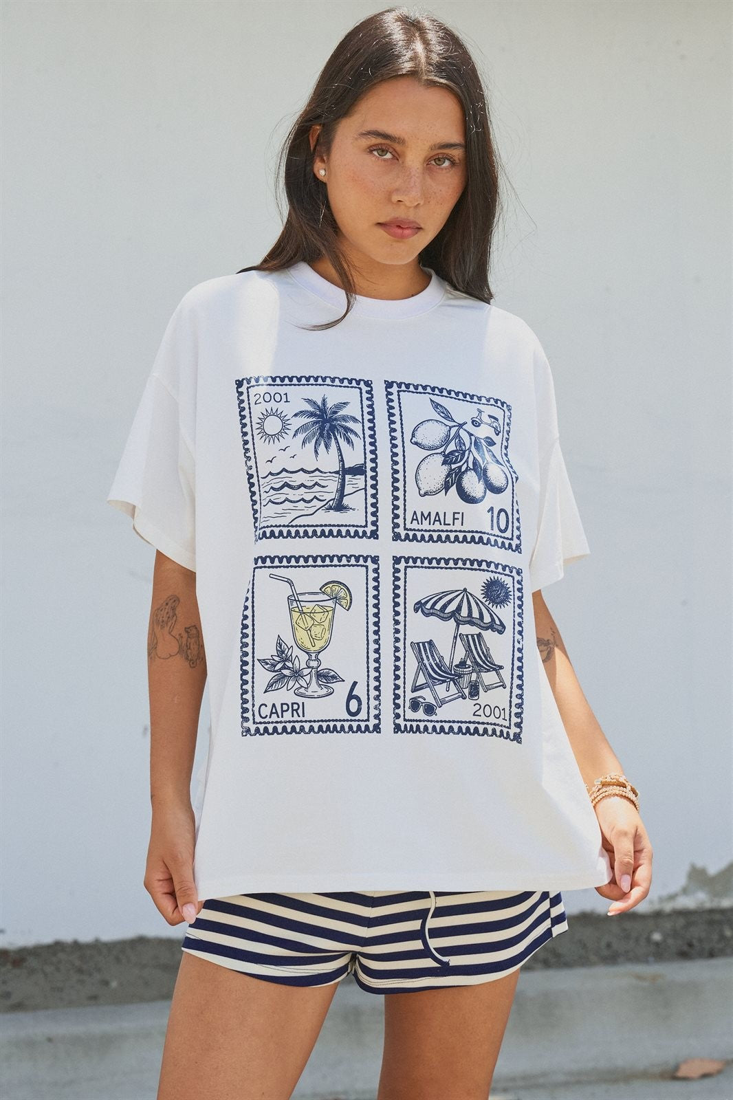 Amalfi Capri Postage Stamp Graphic Tee in Italian Summer in White - Women's Wholesale Fashion | Trend Notes