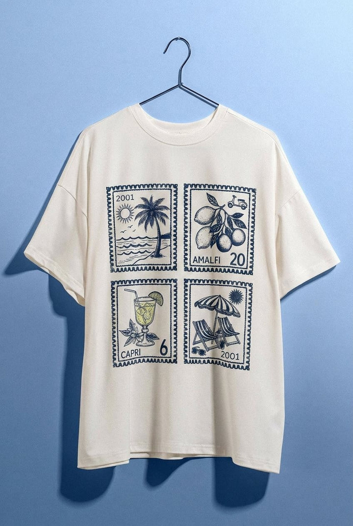 Amalfi Capri Postage Stamp Graphic Tee in Italian Summer in White - Women's Wholesale Fashion | Trend Notes
