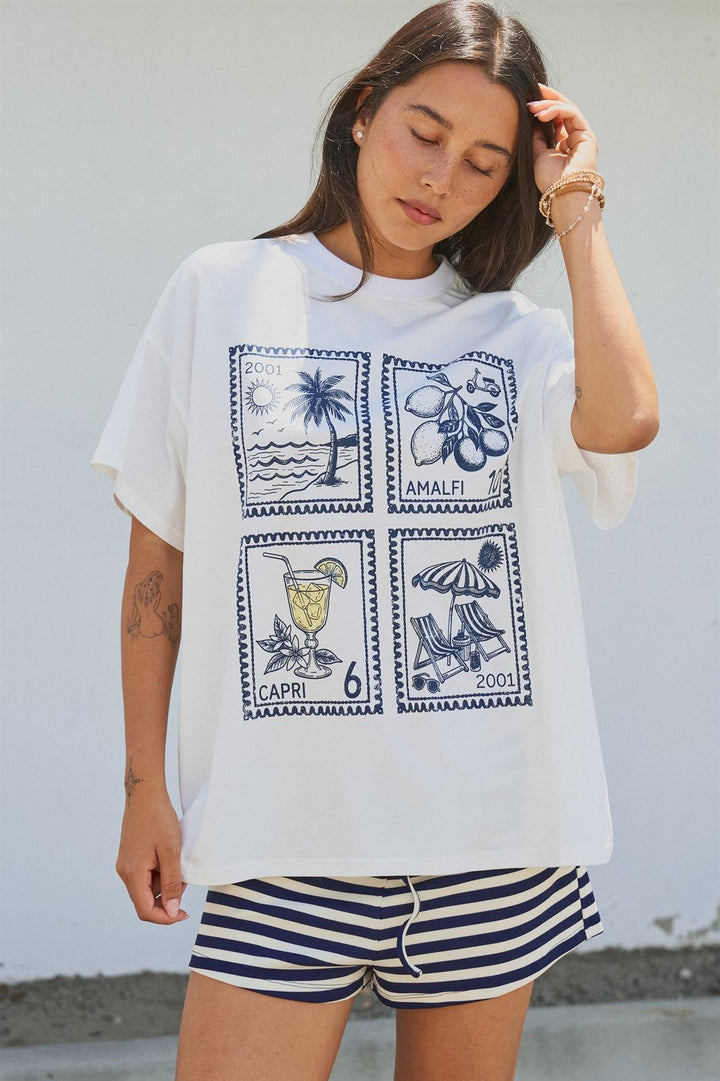 Amalfi Capri Postage Stamp Graphic Tee in Italian Summer in White - Women's Wholesale Fashion | Trend Notes