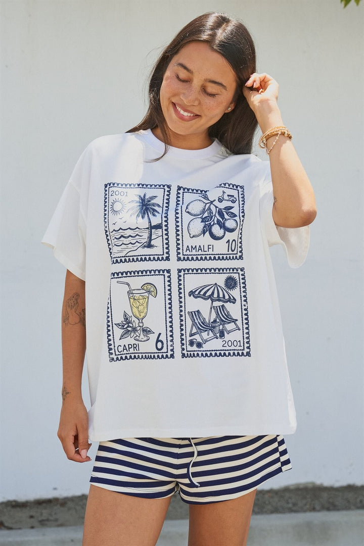 Amalfi Capri Postage Stamp Graphic Tee in Italian Summer in White - Women's Wholesale Fashion | Trend Notes
