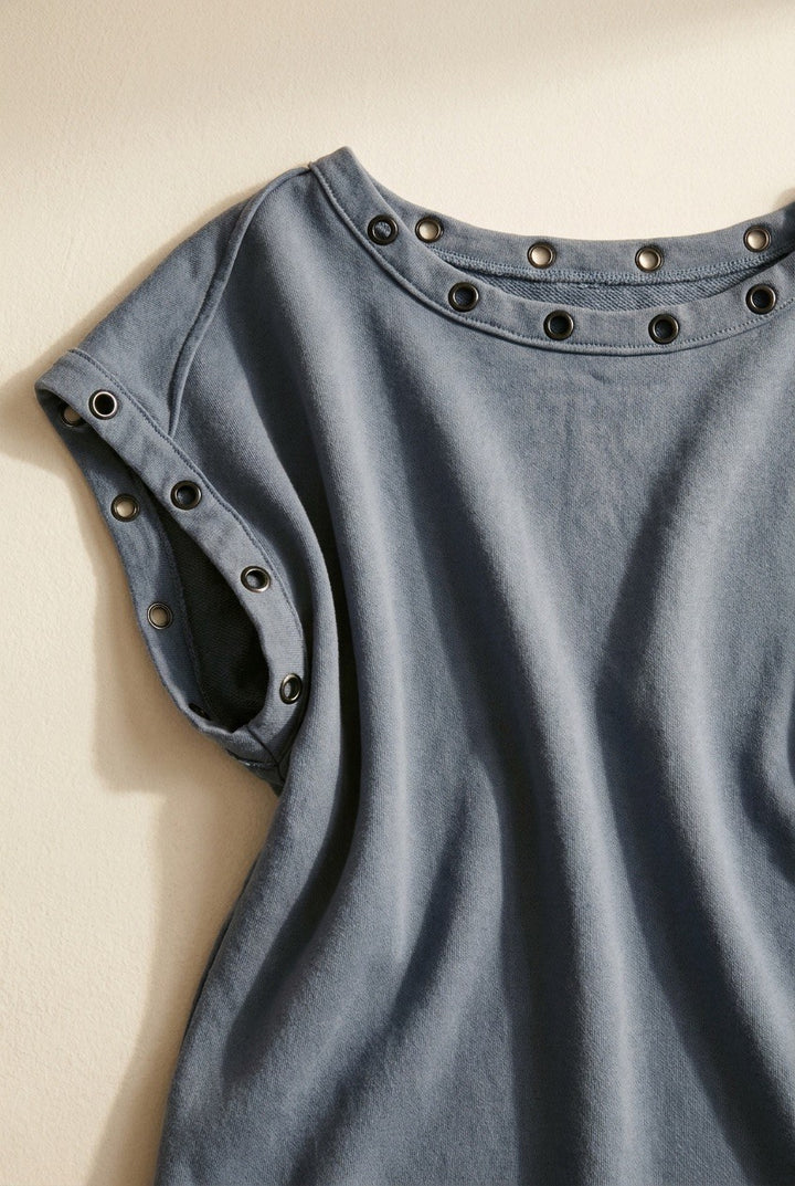 Grommet Trim Washed Cotton Boat Neck Top in Vintage Navy - Women's Wholesale T-Shirts & Polos | Trend Notes