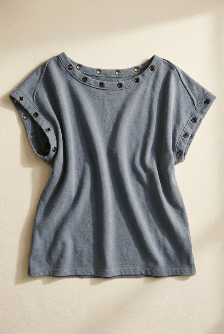 Grommet Trim Washed Cotton Boat Neck Top in Vintage Navy - Women's Wholesale T-Shirts & Polos | Trend Notes