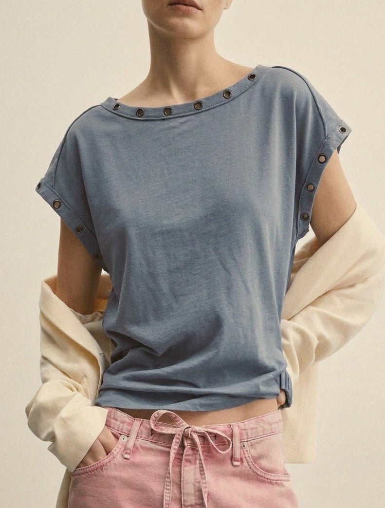 Grommet Trim Washed Cotton Boat Neck Top in Vintage Navy - Women's Wholesale T-Shirts & Polos | Trend Notes