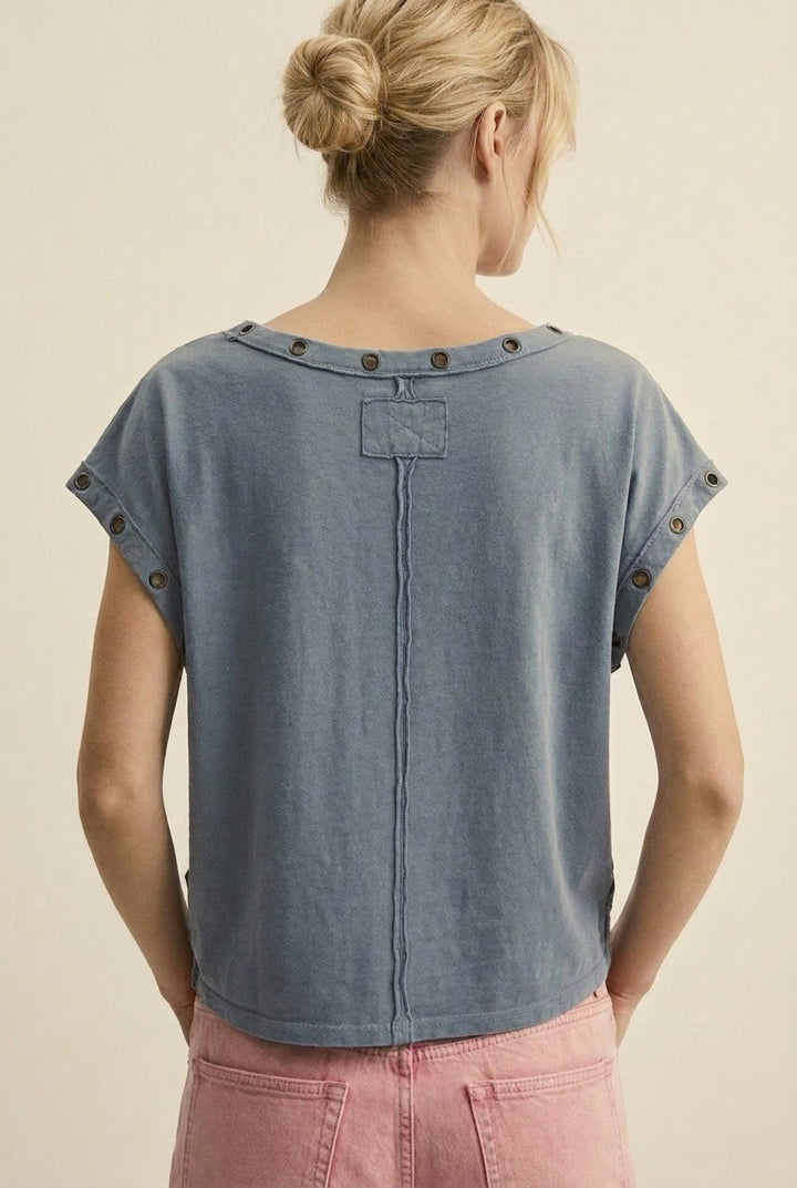 Grommet Trim Washed Cotton Boat Neck Top in Vintage Navy - Women's Wholesale T-Shirts & Polos | Trend Notes