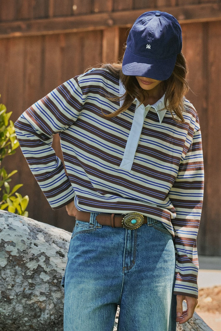 Striped Rugby Polo Long Sleeve Knit Top with Contrast Collar in Ivory Brown - Women's Wholesale T-Shirts & Polos | Trend Notes