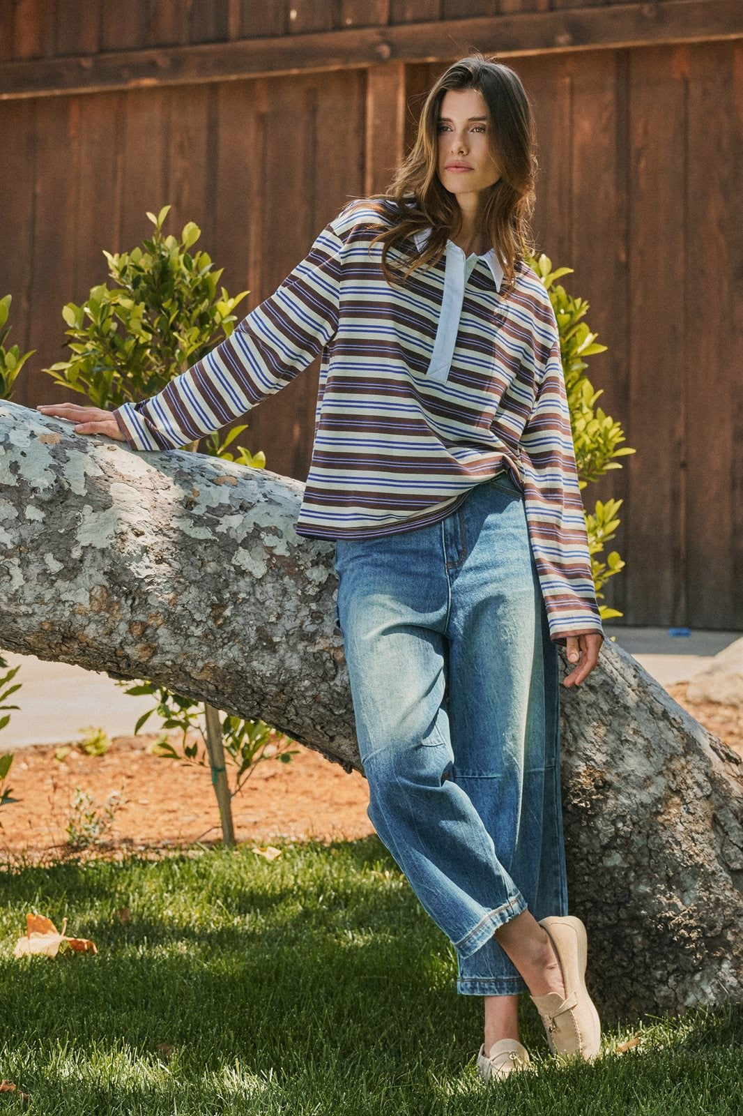 Striped Rugby Polo Long Sleeve Knit Top with Contrast Collar in Ivory Brown - Women's Wholesale T-Shirts & Polos | Trend Notes