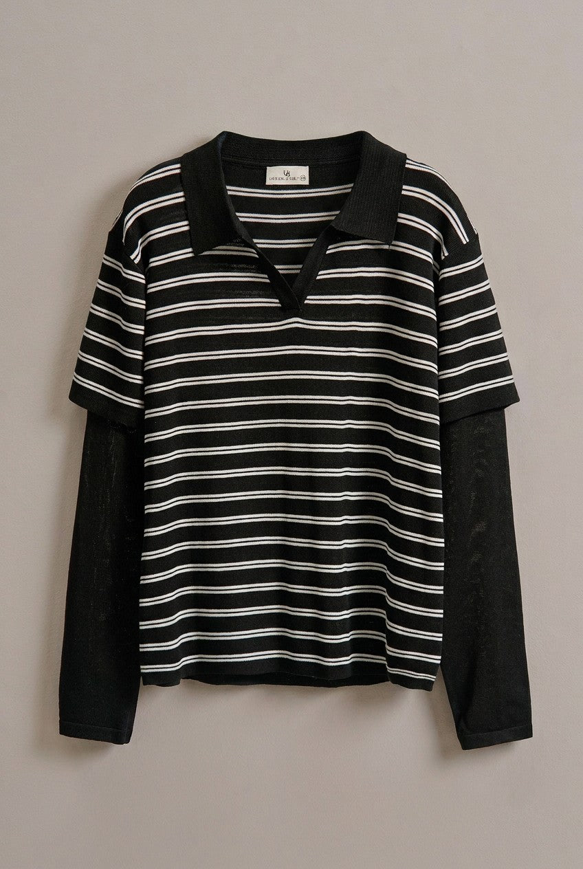 Striped Collared Layered Polo Top in Black - Women's Wholesale Fashion | Trend Notes
