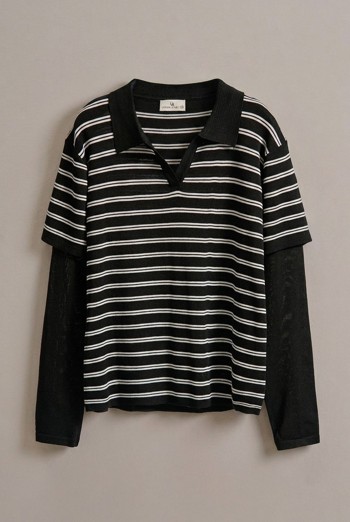 Striped Collared Layered Polo Top in Black - Women's Wholesale Fashion | Trend Notes