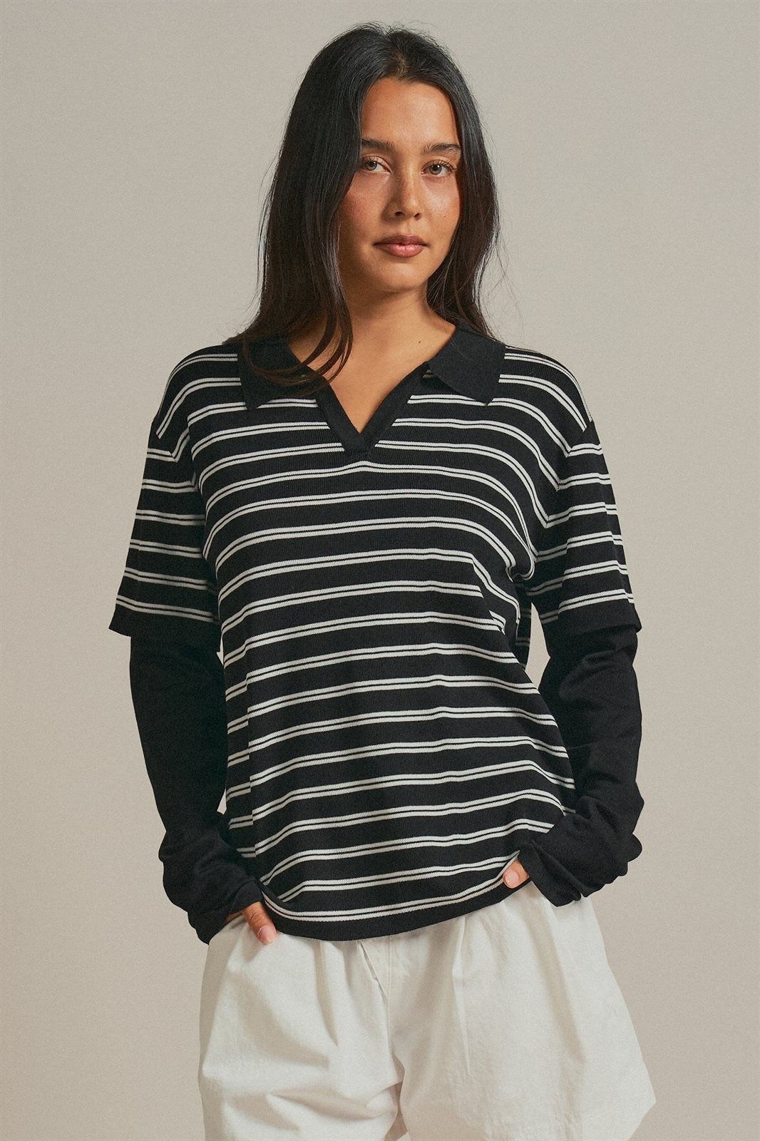 Striped Collared Layered Polo Top in Black - Women's Wholesale Fashion | Trend Notes