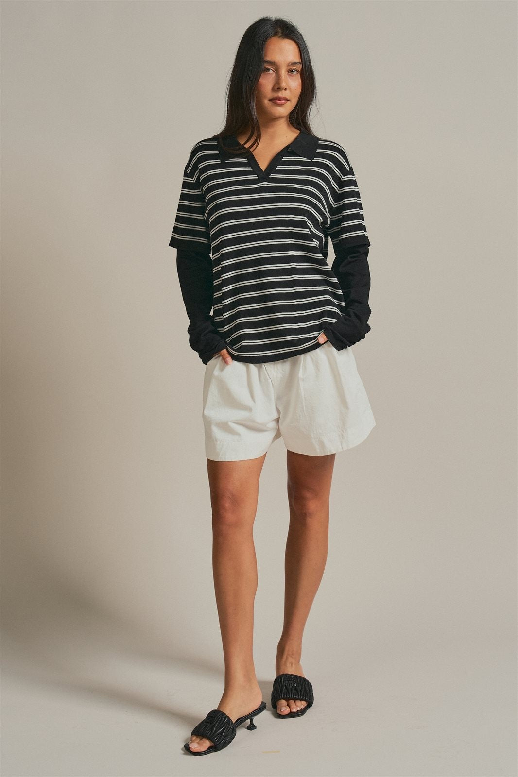 Striped Collared Layered Polo Top in Black - Women's Wholesale Fashion | Trend Notes
