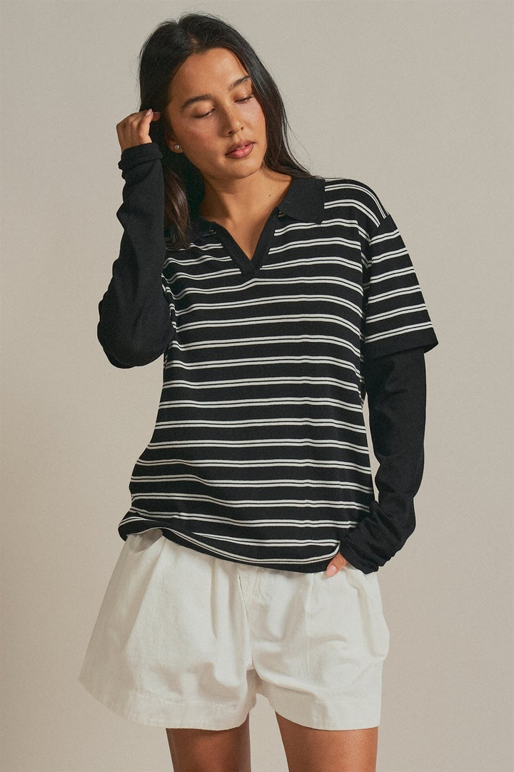 Striped Collared Layered Polo Top in Black - Women's Wholesale Fashion | Trend Notes