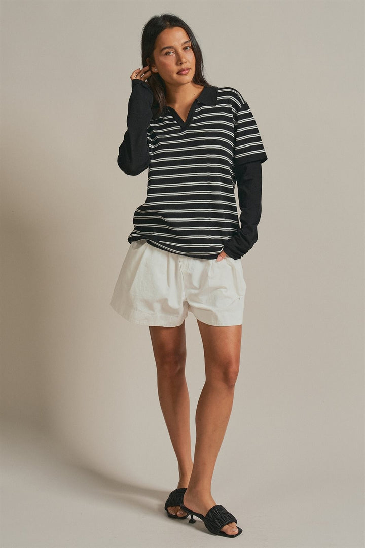 Striped Collared Layered Polo Top in Black - Women's Wholesale Fashion | Trend Notes