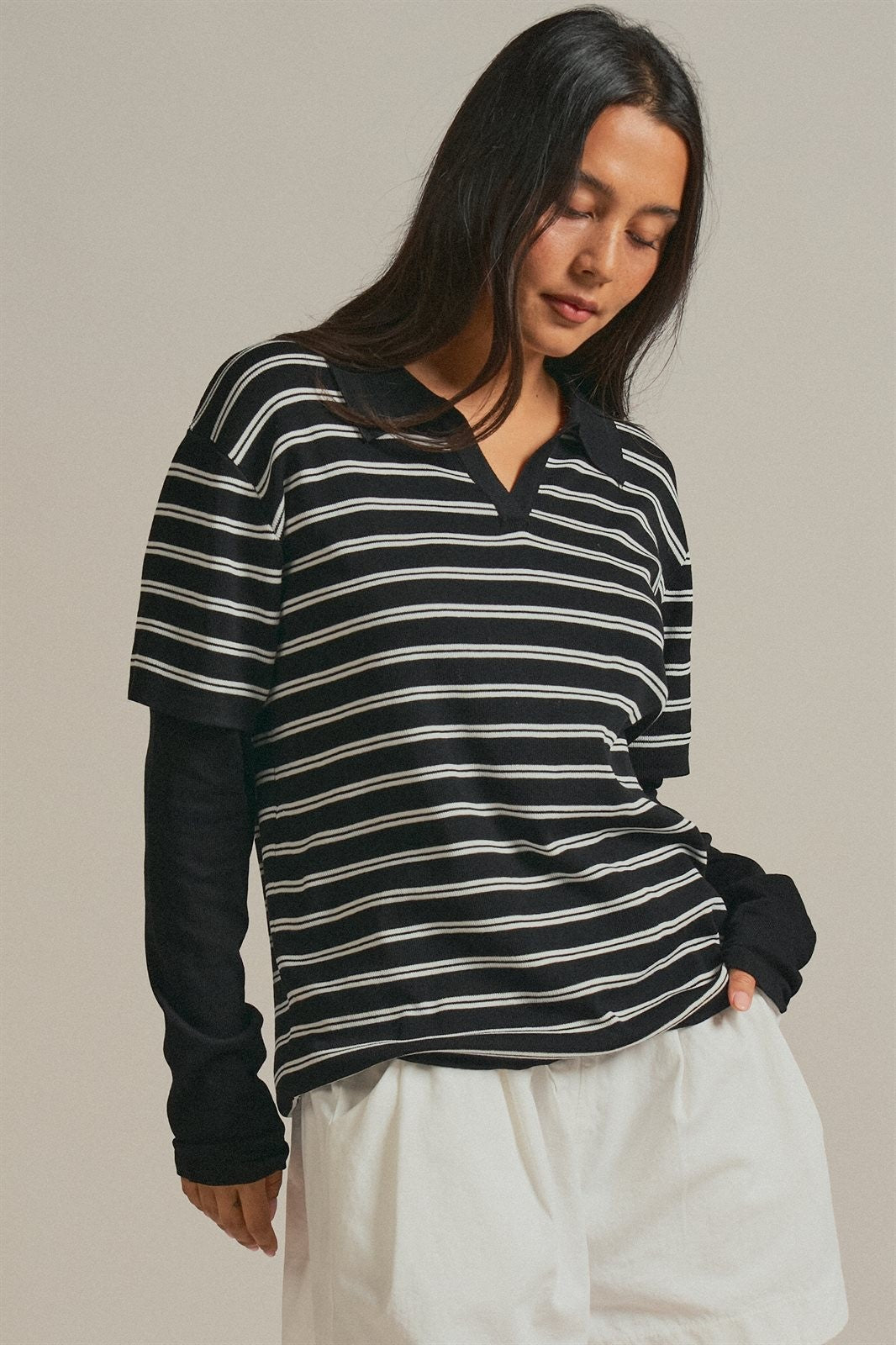 Striped Collared Layered Polo Top in Black - Women's Wholesale Fashion | Trend Notes